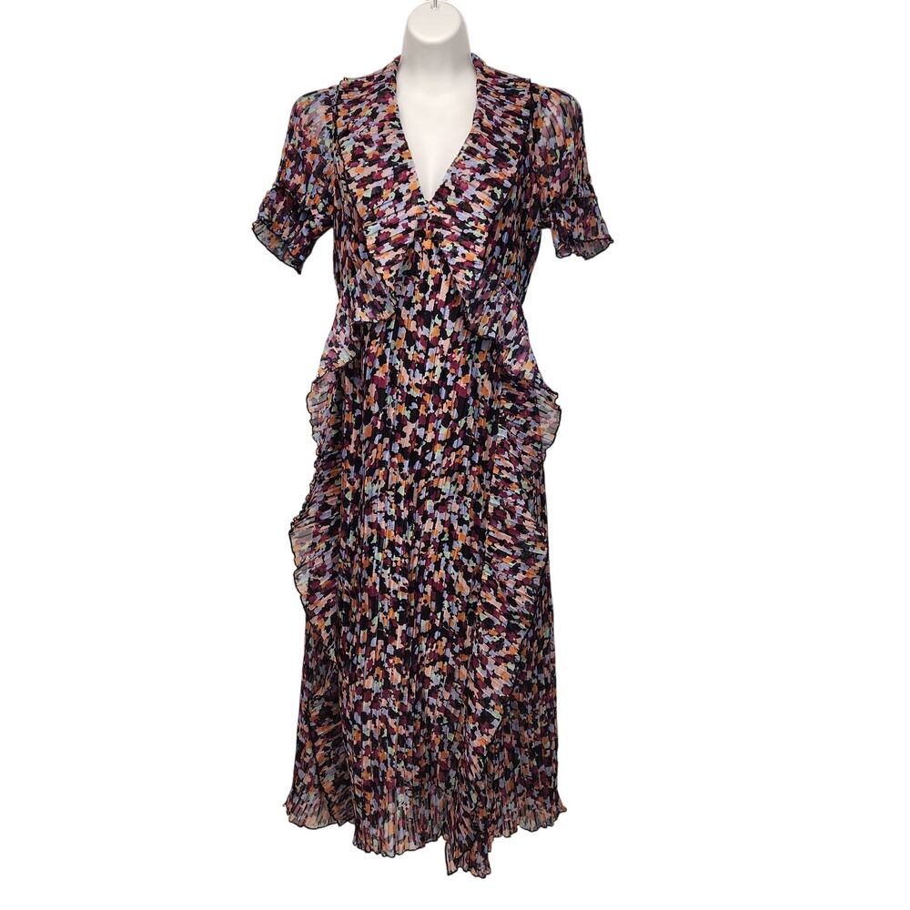 NWT o.p.t. Navy Blue Multi-color V-neck Pleated Ruffle Midi Dress Women's‎ M